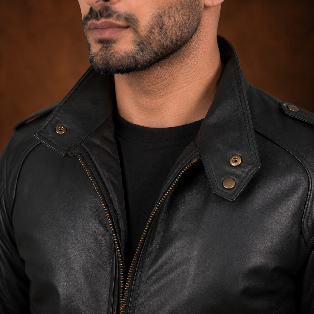 FINEHIDE MEN’S BLACK GENUINE LEATHER JACKET WITH HIGH COLLAR & SNAP BUTTONS FOR MENFINEHIDE  HIGH-NECK BLACK GENUINE LEATHER JACKET FOR MEN