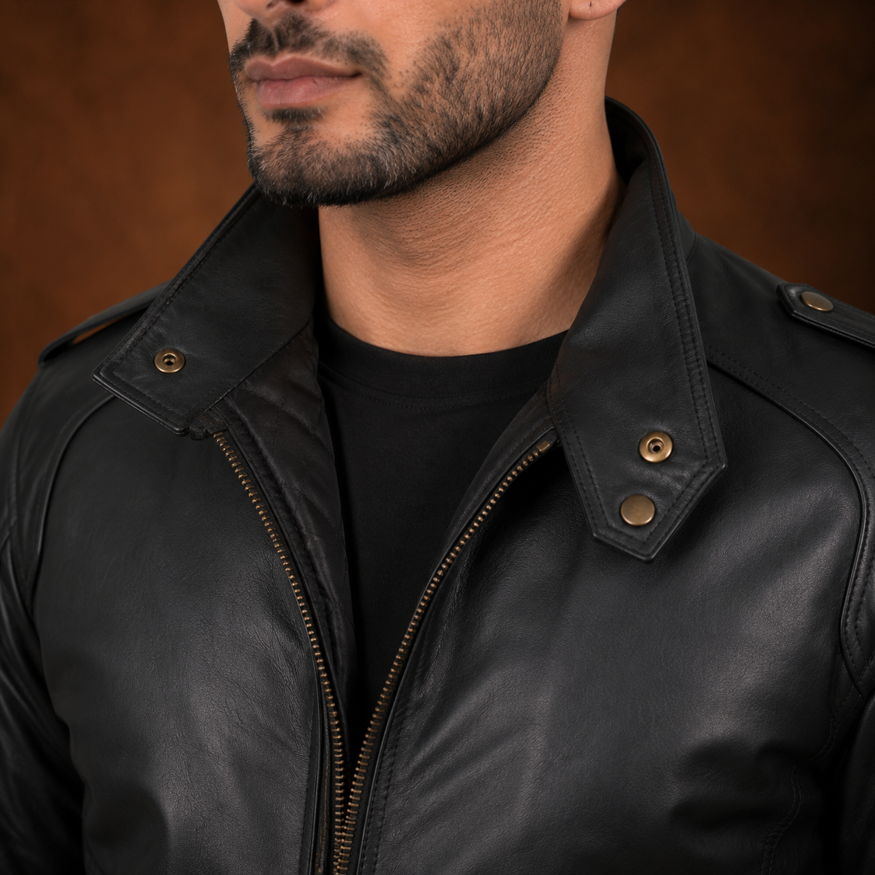 FINEHIDE MEN’S BLACK GENUINE LEATHER JACKET WITH HIGH COLLAR & SNAP BUTTONS FOR MENFINEHIDE  HIGH-NECK BLACK GENUINE LEATHER JACKET FOR MEN