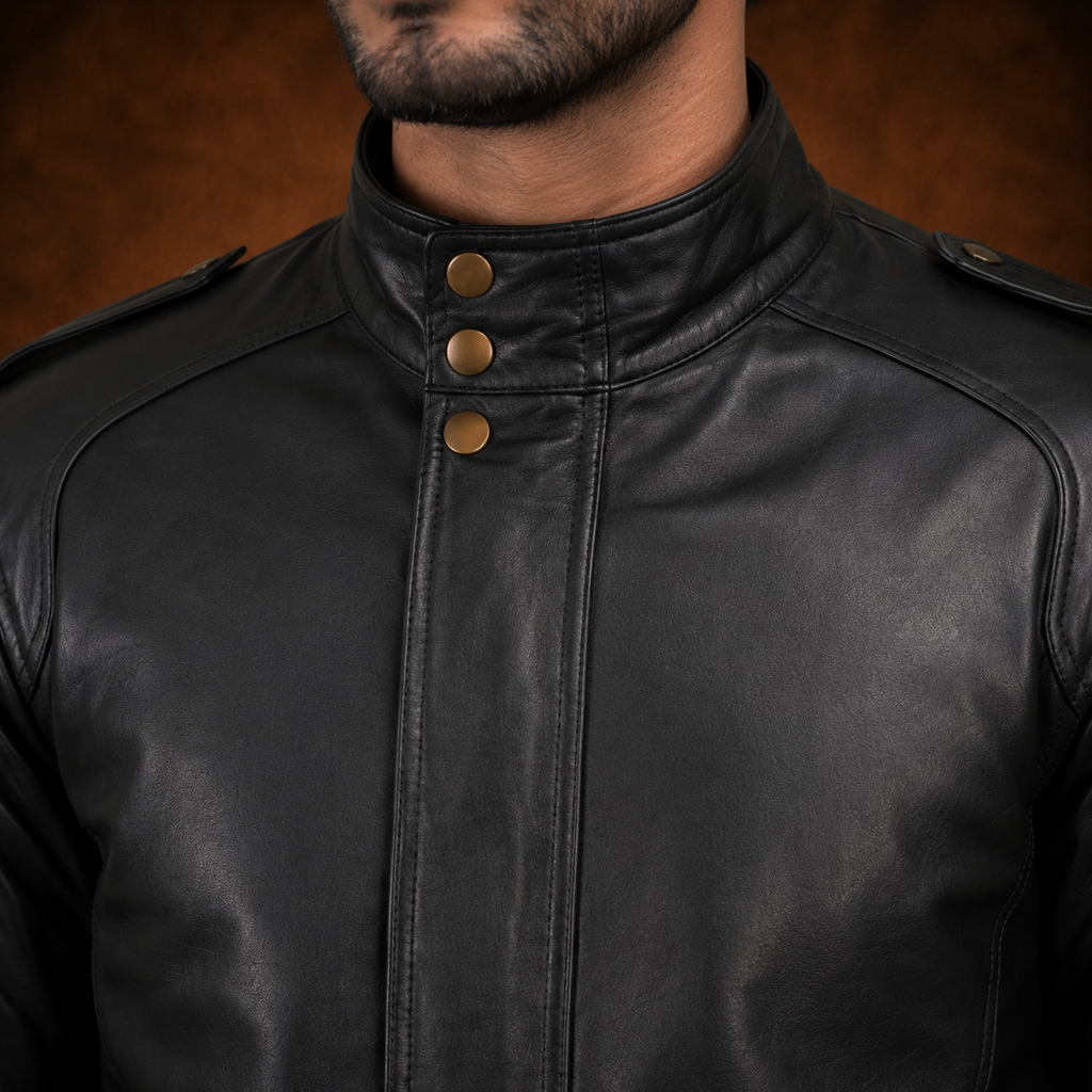 FINEHIDE MEN’S BLACK GENUINE LEATHER JACKET WITH HIGH COLLAR & SNAP BUTTONS FOR MENFINEHIDE  HIGH-NECK BLACK GENUINE LEATHER JACKET FOR MEN