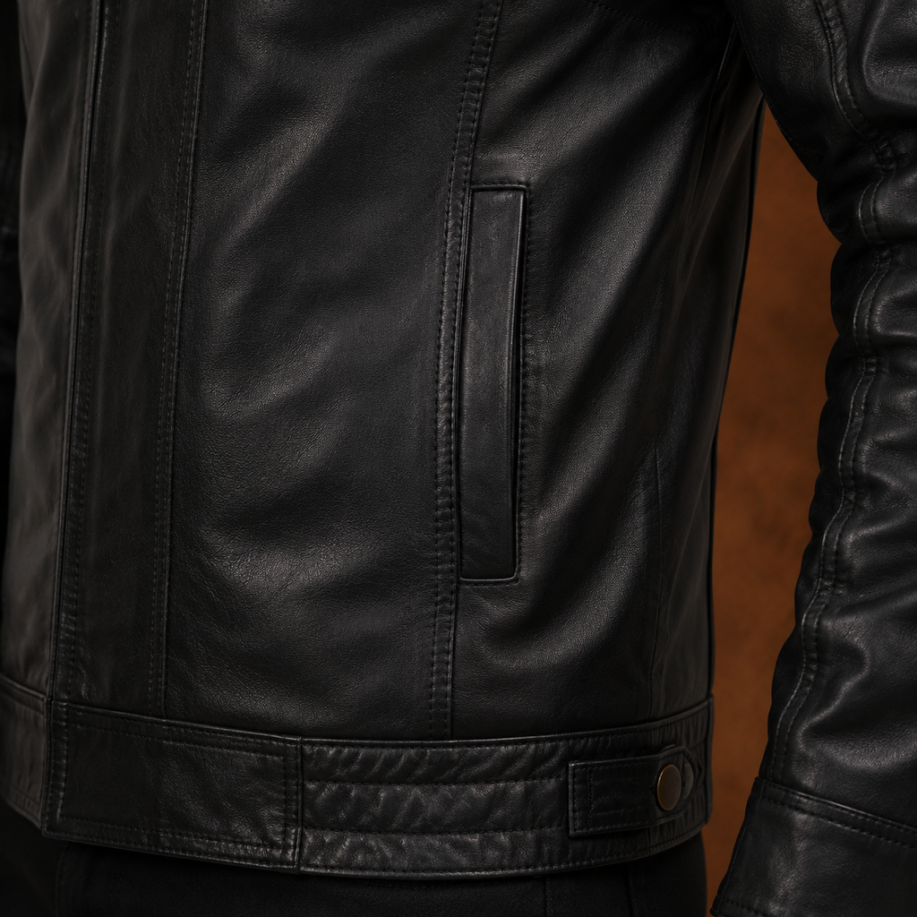FINEHIDE MEN’S BLACK GENUINE LEATHER JACKET WITH HIGH COLLAR & SNAP BUTTONS FOR MENFINEHIDE  HIGH-NECK BLACK GENUINE LEATHER JACKET FOR MEN