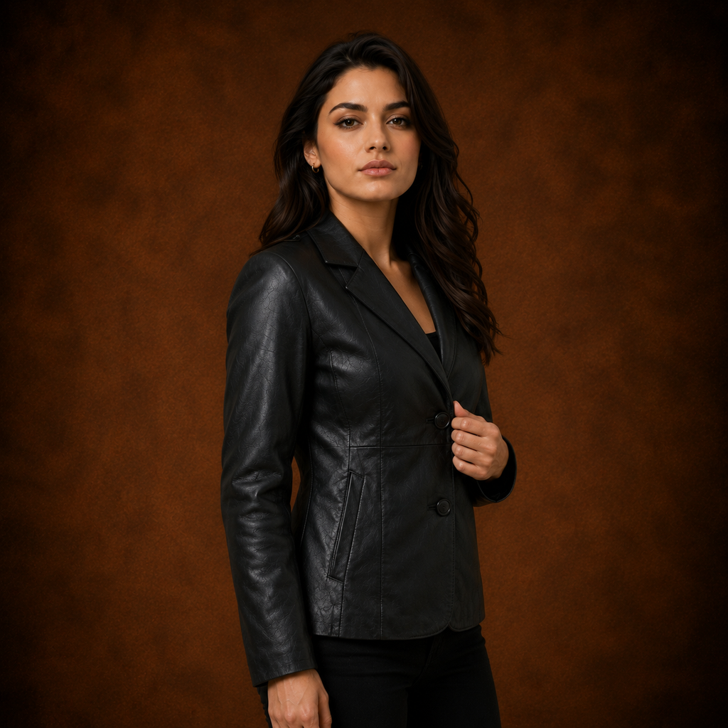 FINEHIDE WOMEN’S BLACK GENUINE LEATHER BLAZER JACKET