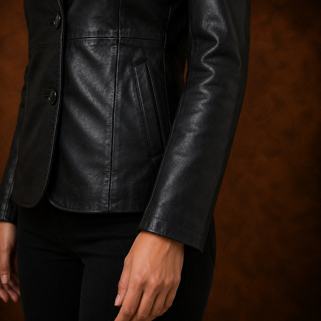 FINEHIDE WOMEN’S BLACK GENUINE LEATHER BLAZER JACKET