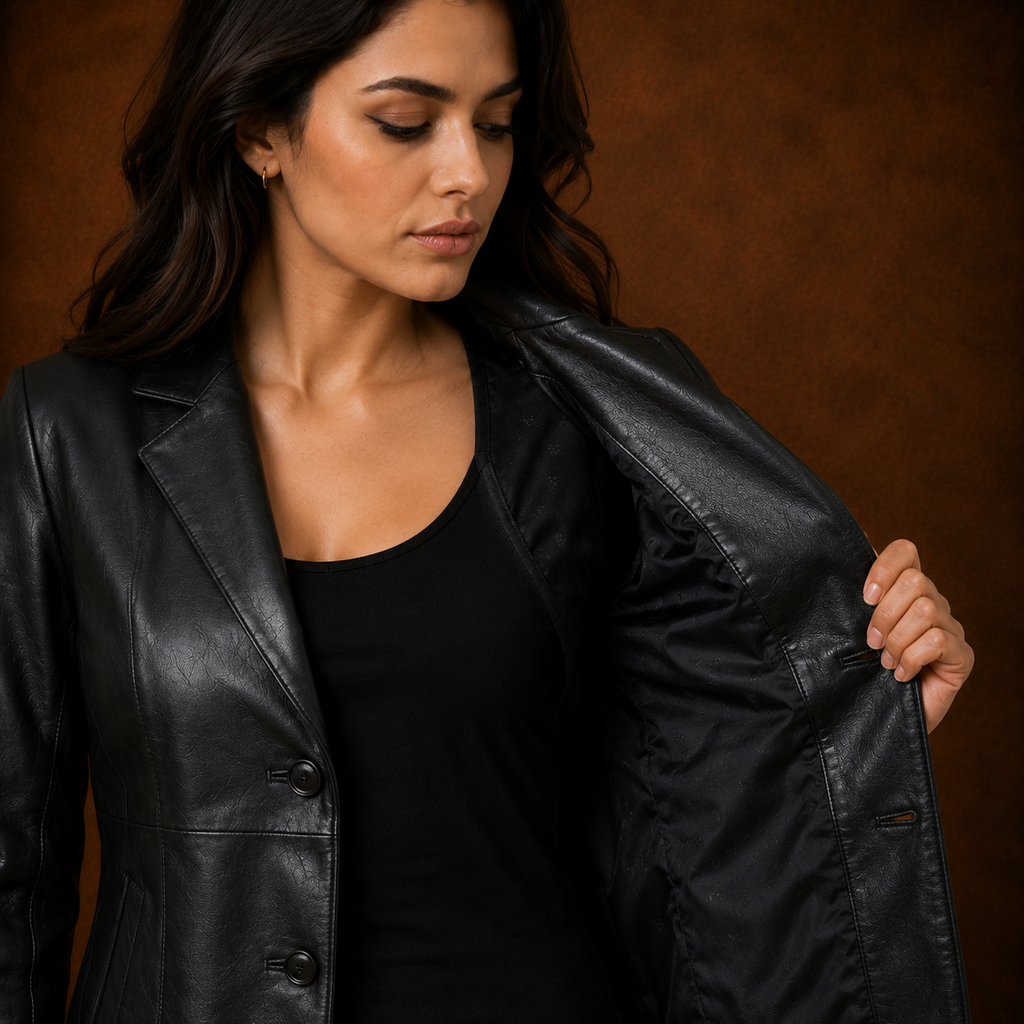 FINEHIDE WOMEN’S BLACK GENUINE LEATHER BLAZER JACKET