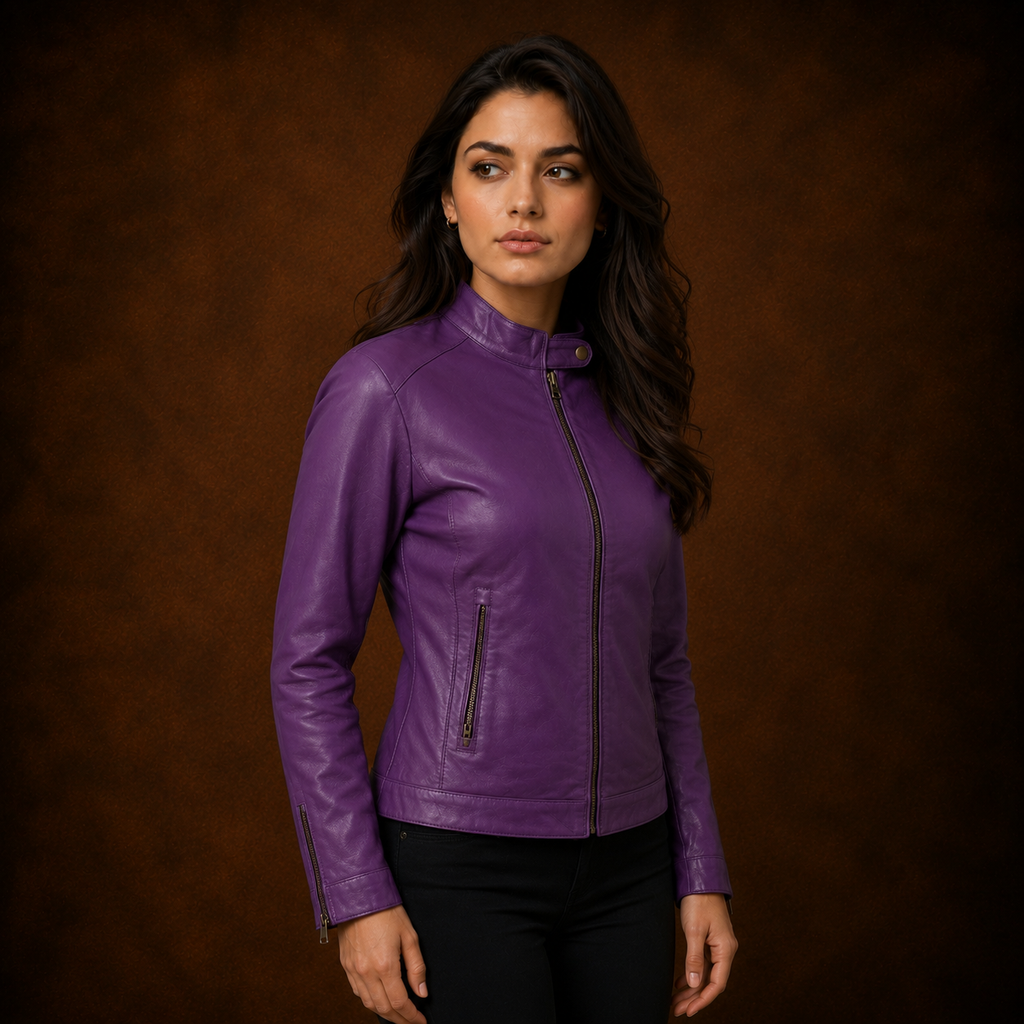 FINEHIDE  PURPEL VOUGE  BIKER GENUINE LEATHER JACKET FOR WOMEN