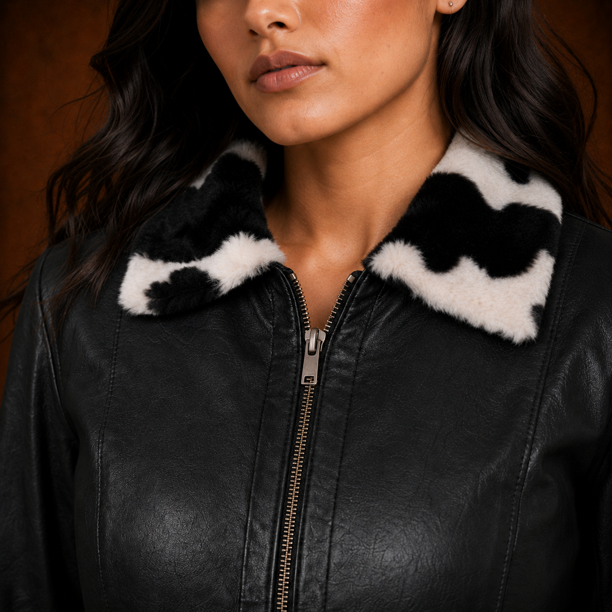 FINEHIDE WOMEN’S BLACK GENUINE LEATHER JACKET WITH BLACK & WHITE FUR-STYLE TRIM