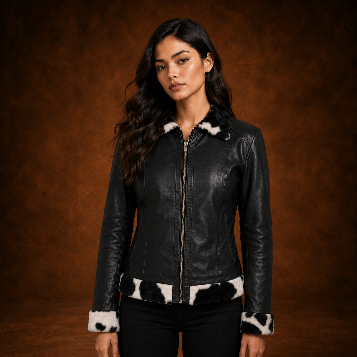 FINEHIDE WOMEN’S BLACK GENUINE LEATHER JACKET WITH BLACK & WHITE FUR-STYLE TRIM