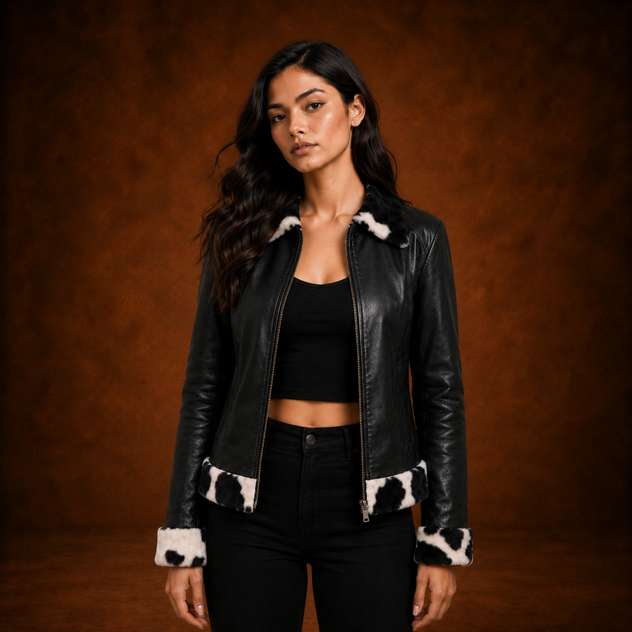 FINEHIDE WOMEN’S BLACK GENUINE LEATHER JACKET WITH BLACK & WHITE FUR-STYLE TRIM