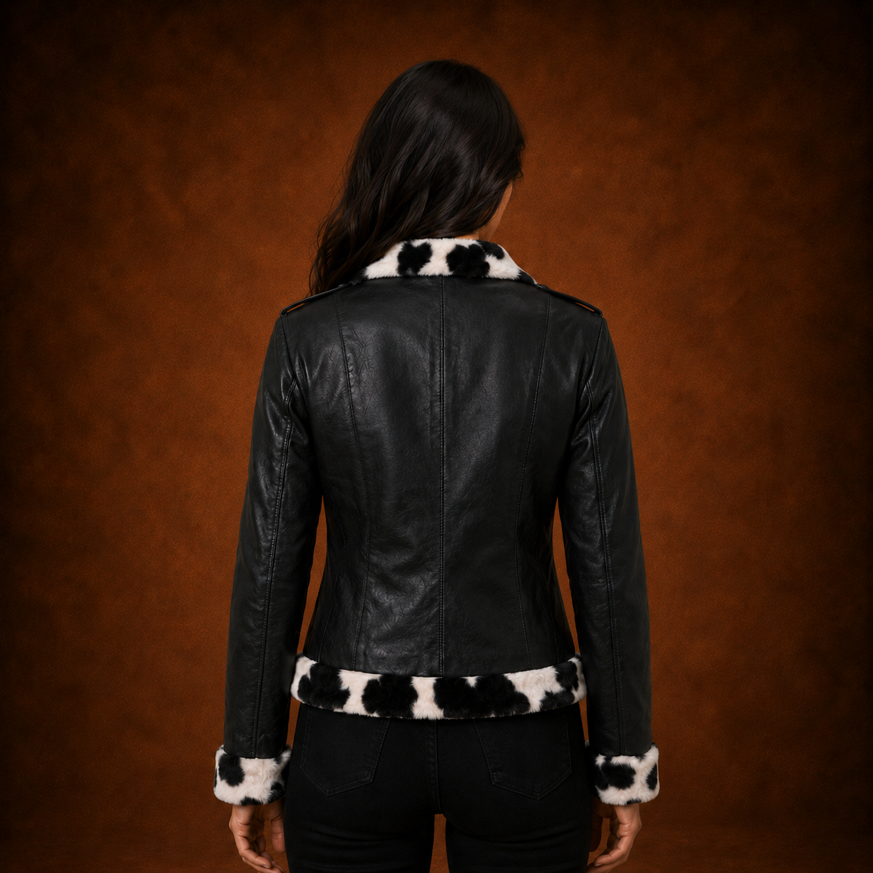 FINEHIDE WOMEN’S BLACK GENUINE LEATHER JACKET WITH BLACK & WHITE FUR-STYLE TRIM