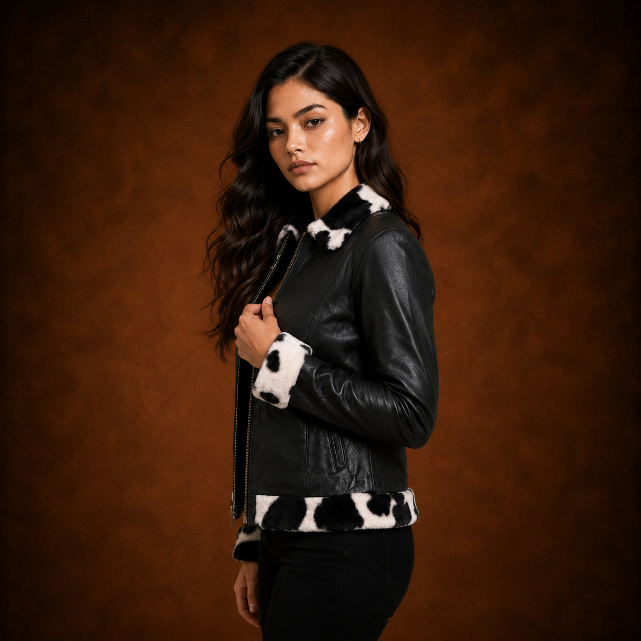 FINEHIDE WOMEN’S BLACK GENUINE LEATHER JACKET WITH BLACK & WHITE FUR-STYLE TRIM