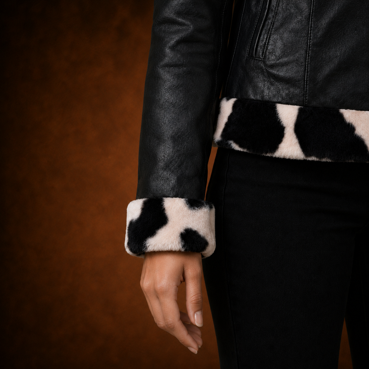 FINEHIDE WOMEN’S BLACK GENUINE LEATHER JACKET WITH BLACK & WHITE FUR-STYLE TRIM