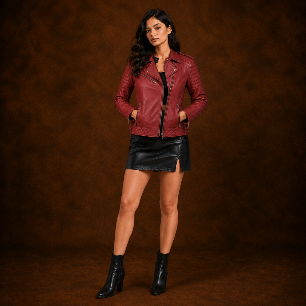 FINEHIDE WOMEN’S RED GENUINE LEATHER QUILTED BIKER JACKET FOR WOMEN