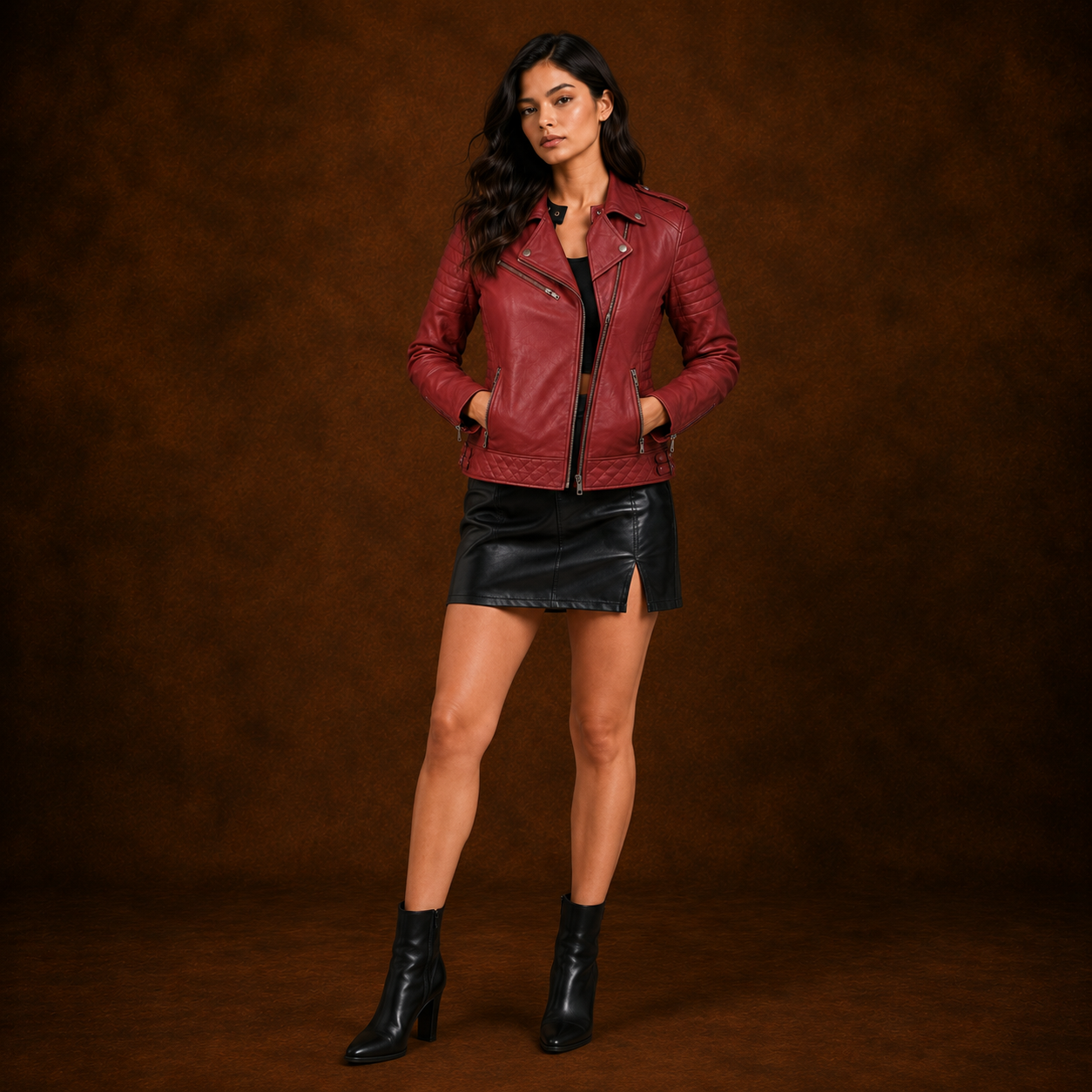 FINEHIDE WOMEN’S RED GENUINE LEATHER QUILTED BIKER JACKET FOR WOMEN