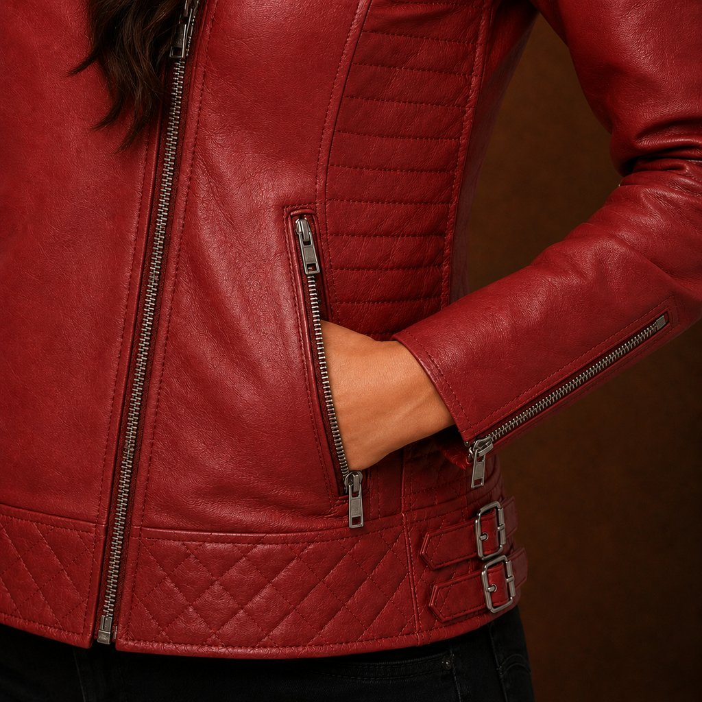 FINEHIDE WOMEN’S RED GENUINE LEATHER QUILTED BIKER JACKET FOR WOMEN