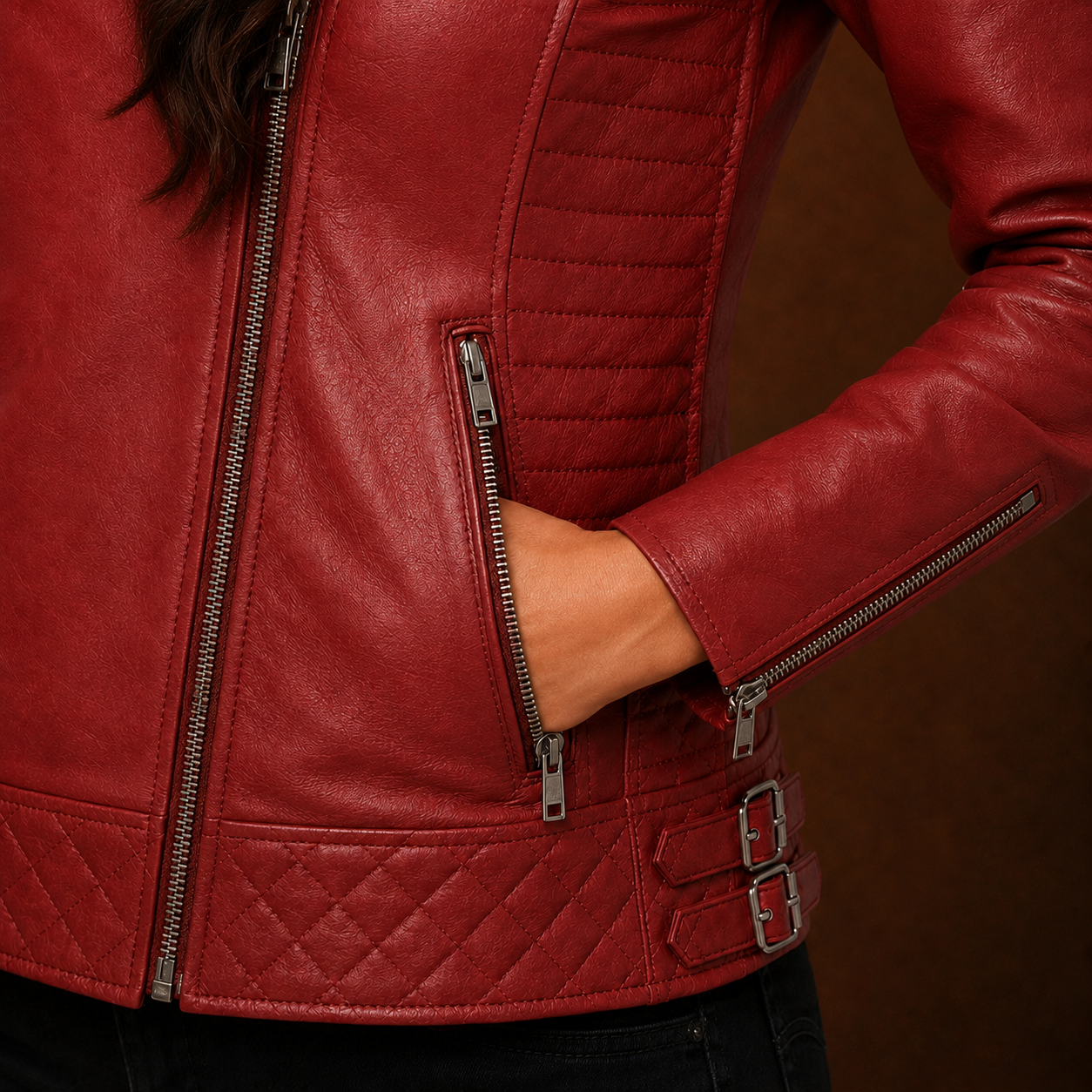 FINEHIDE WOMEN’S RED GENUINE LEATHER QUILTED BIKER JACKET FOR WOMEN