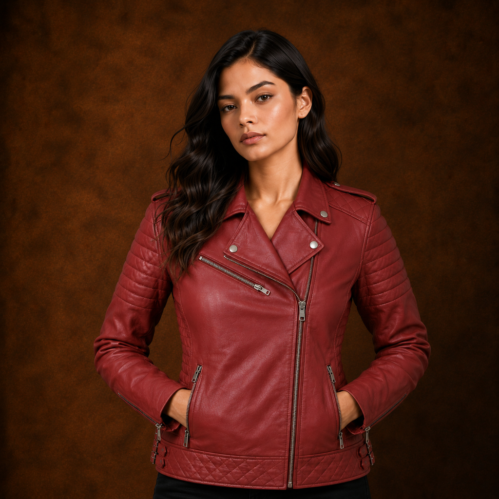 FINEHIDE WOMEN’S RED GENUINE LEATHER QUILTED BIKER JACKET FOR WOMEN