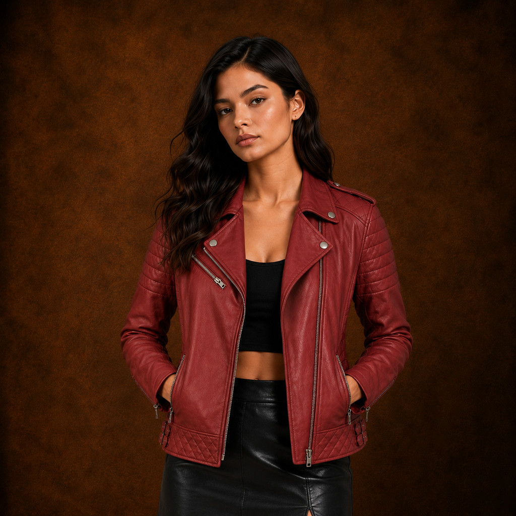 FINEHIDE WOMEN’S RED GENUINE LEATHER QUILTED BIKER JACKET FOR WOMEN