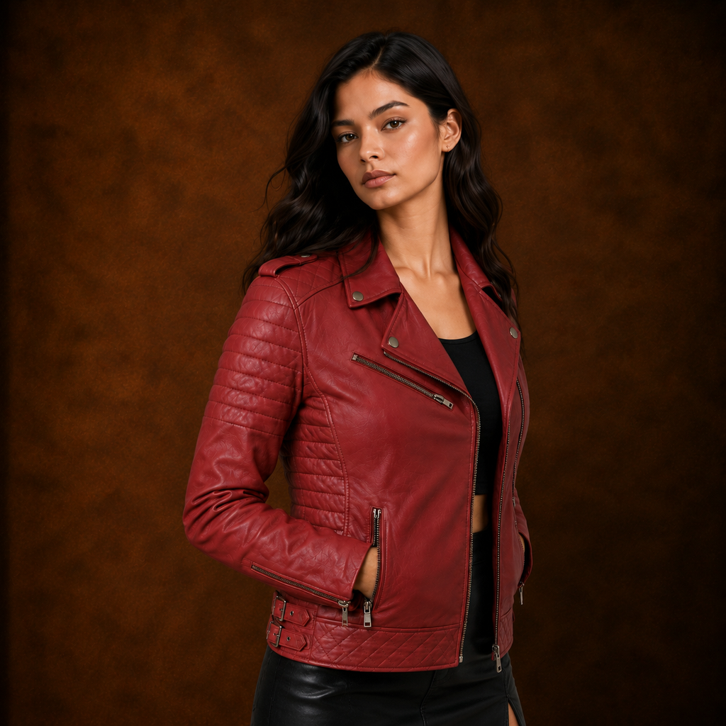 FINEHIDE WOMEN’S RED GENUINE LEATHER QUILTED BIKER JACKET FOR WOMEN