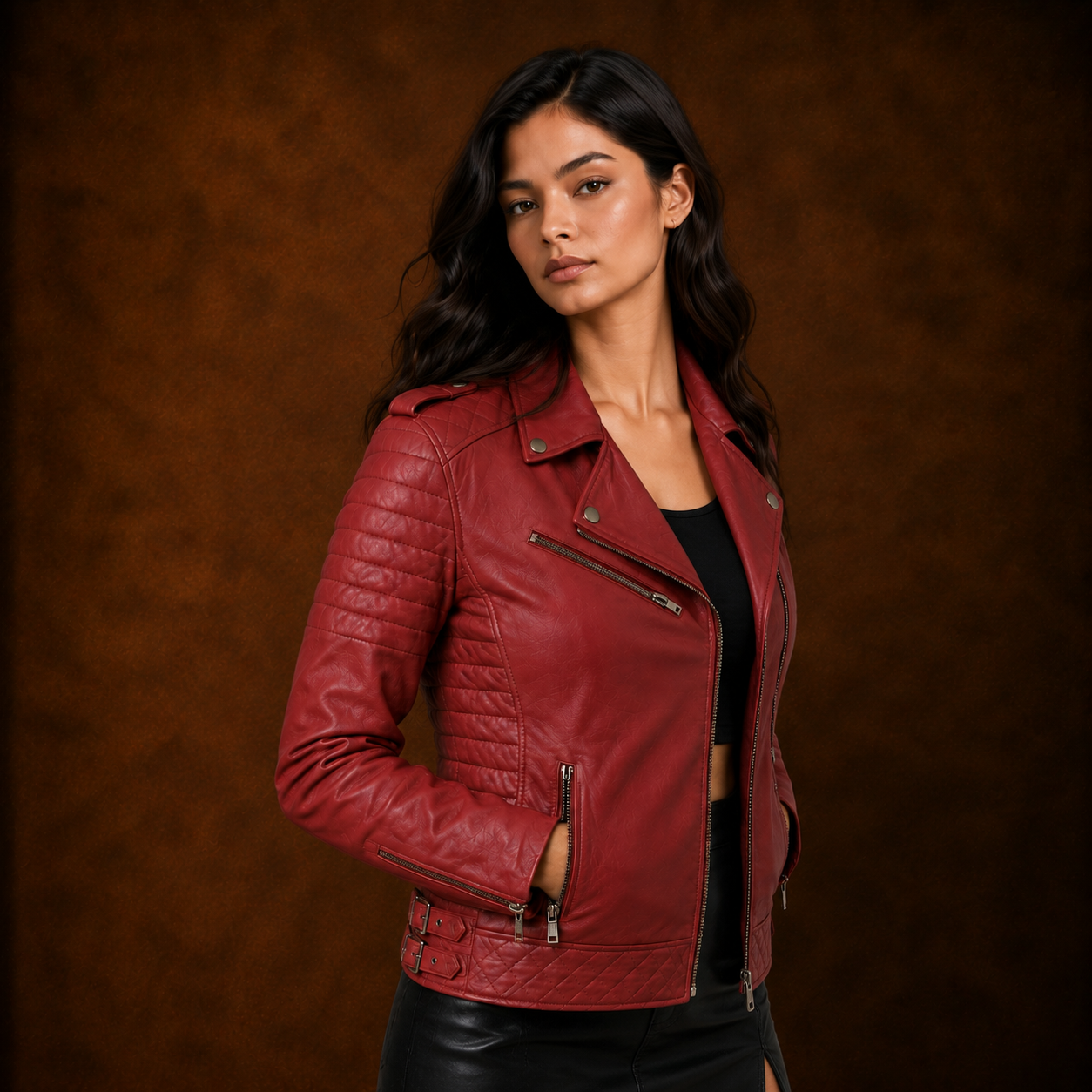FINEHIDE WOMEN’S RED GENUINE LEATHER QUILTED BIKER JACKET FOR WOMEN