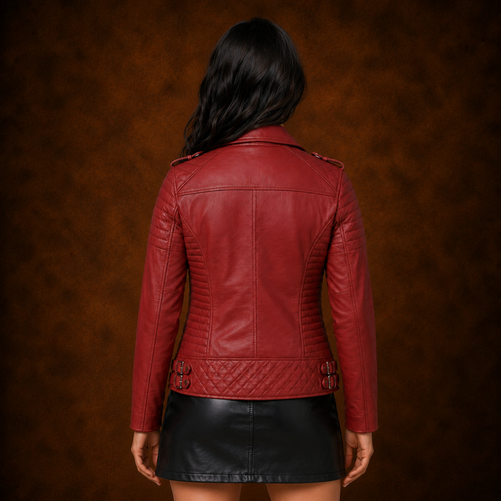 FINEHIDE WOMEN’S RED GENUINE LEATHER QUILTED BIKER JACKET FOR WOMEN