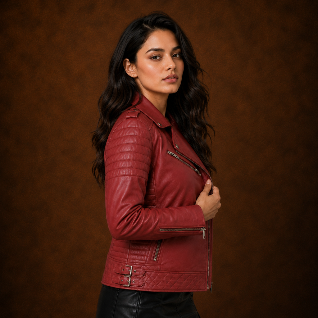 FINEHIDE WOMEN’S RED GENUINE LEATHER QUILTED BIKER JACKET FOR WOMEN