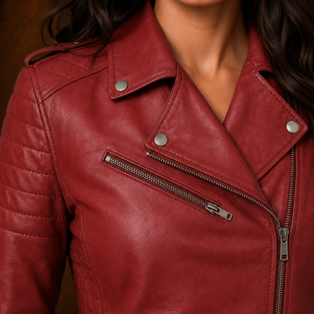FINEHIDE WOMEN’S RED GENUINE LEATHER QUILTED BIKER JACKET FOR WOMEN
