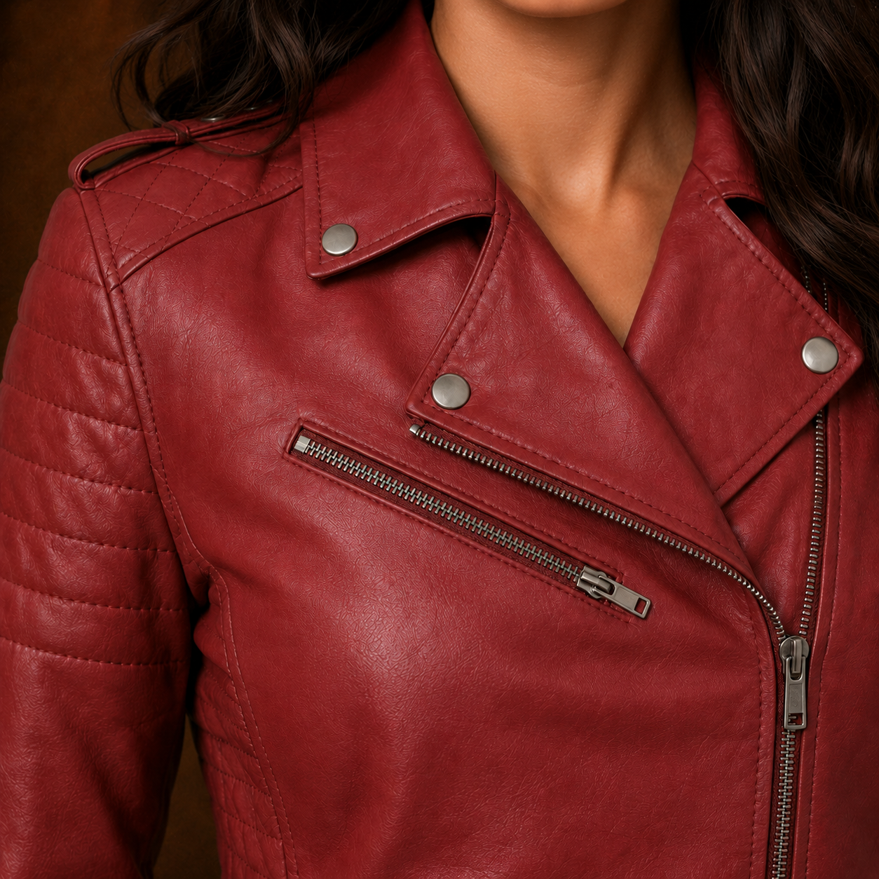FINEHIDE WOMEN’S RED GENUINE LEATHER QUILTED BIKER JACKET FOR WOMEN