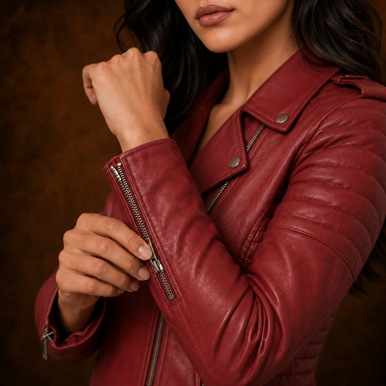 FINEHIDE WOMEN’S RED GENUINE LEATHER QUILTED BIKER JACKET FOR WOMEN