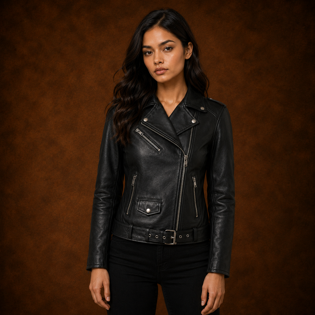 FINEHIDE WOMEN’S BLACK GENUINE LEATHER BELTED BIKER JACKET