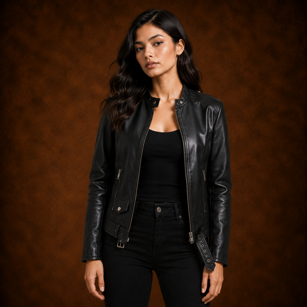 FINEHIDE WOMEN’S BLACK GENUINE LEATHER BELTED BIKER JACKET