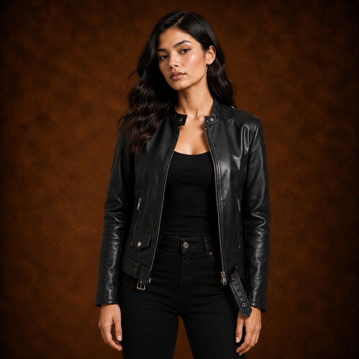FINEHIDE WOMEN’S BLACK GENUINE LEATHER BELTED BIKER JACKET