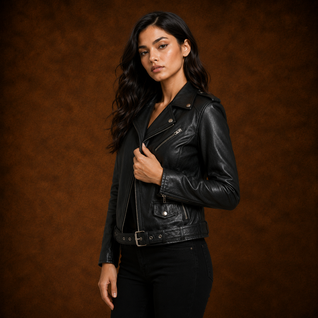 FINEHIDE WOMEN’S BLACK GENUINE LEATHER BELTED BIKER JACKET