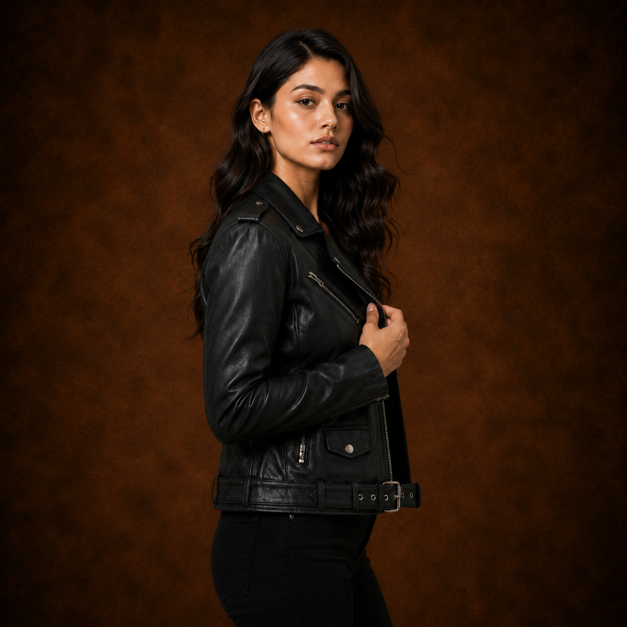 FINEHIDE WOMEN’S BLACK GENUINE LEATHER BELTED BIKER JACKET