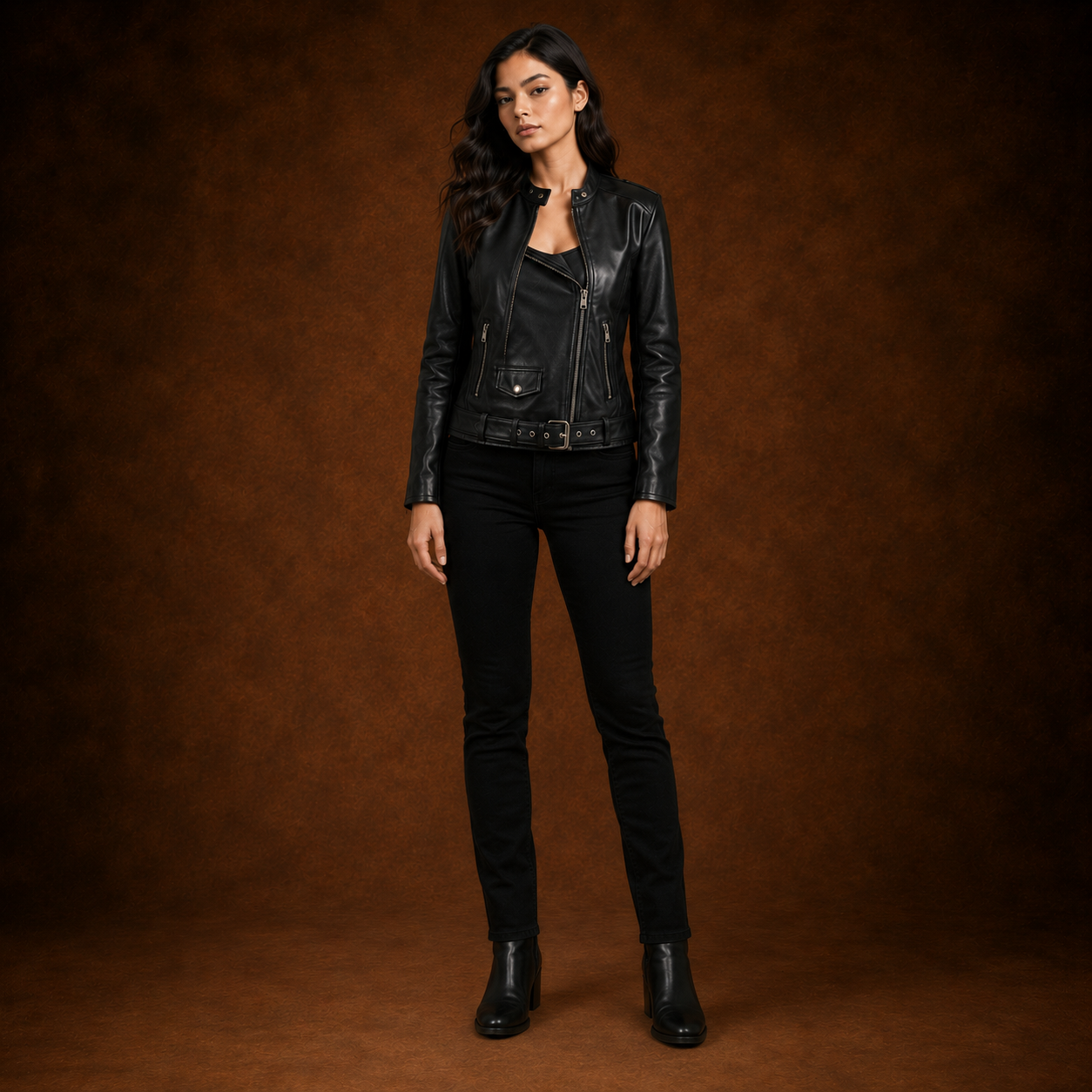 FINEHIDE WOMEN’S BLACK GENUINE LEATHER BELTED BIKER JACKET