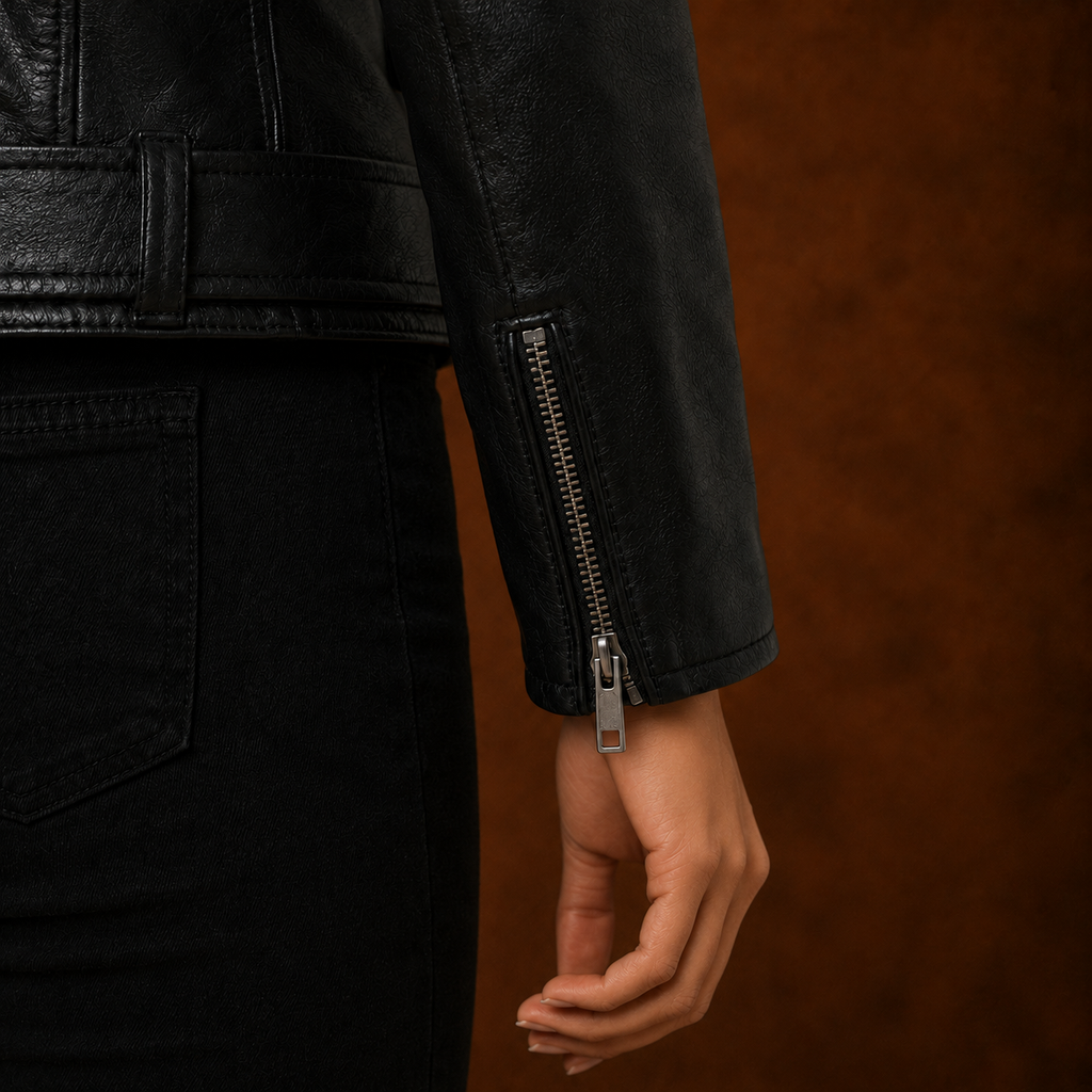 FINEHIDE WOMEN’S BLACK GENUINE LEATHER BELTED BIKER JACKET