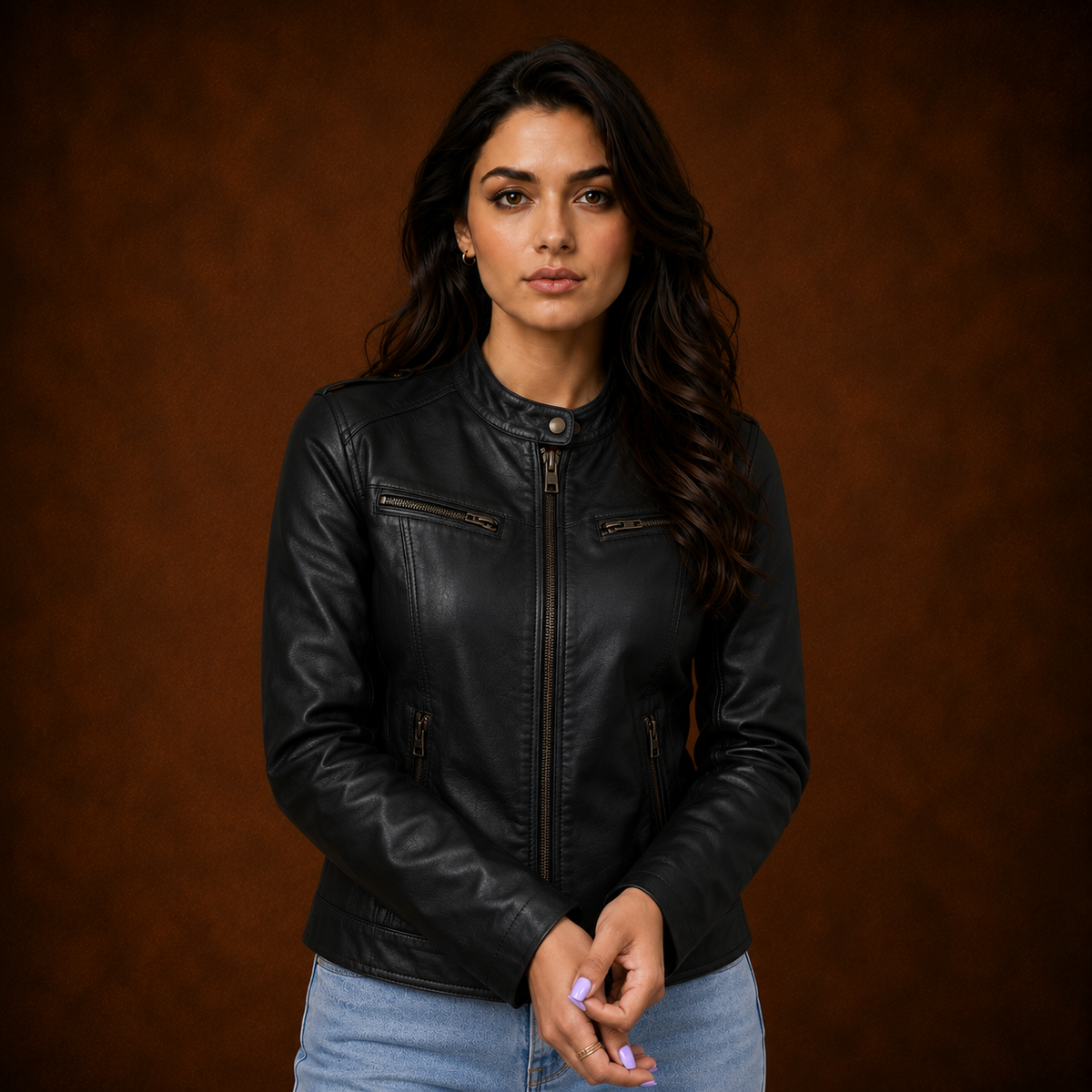 FINEHIDE SHADOW BLACK GENUINE LEATHER BIKER JACKET FOR WOMEN