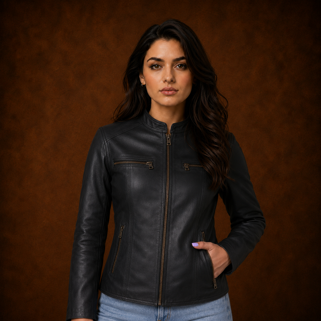 FINEHIDE SHADOW BLACK GENUINE LEATHER BIKER JACKET FOR WOMEN