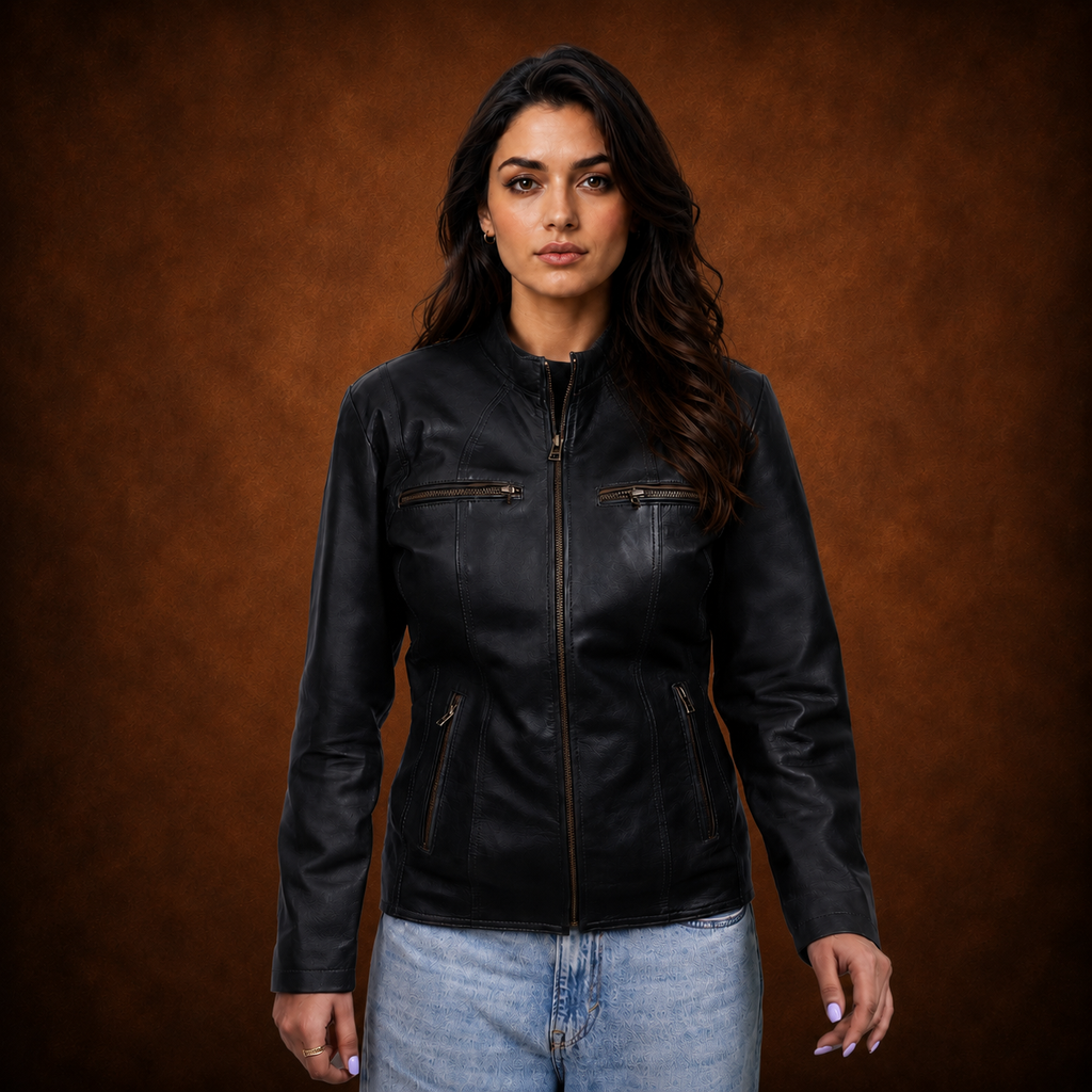 FINEHIDE SHADOW BLACK GENUINE LEATHER BIKER JACKET FOR WOMEN