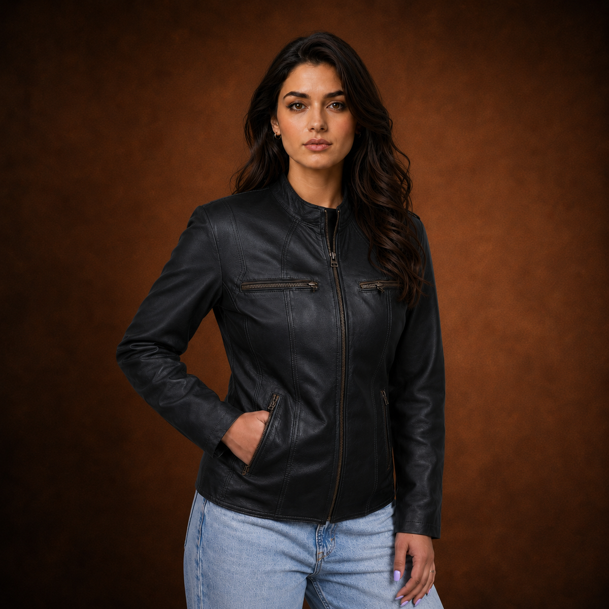 FINEHIDE SHADOW BLACK GENUINE LEATHER BIKER JACKET FOR WOMEN