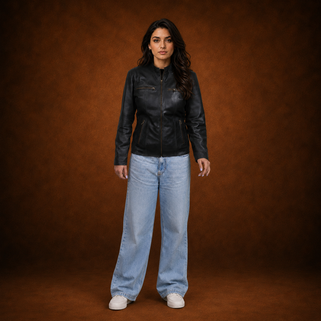 FINEHIDE SHADOW BLACK GENUINE LEATHER BIKER JACKET FOR WOMEN