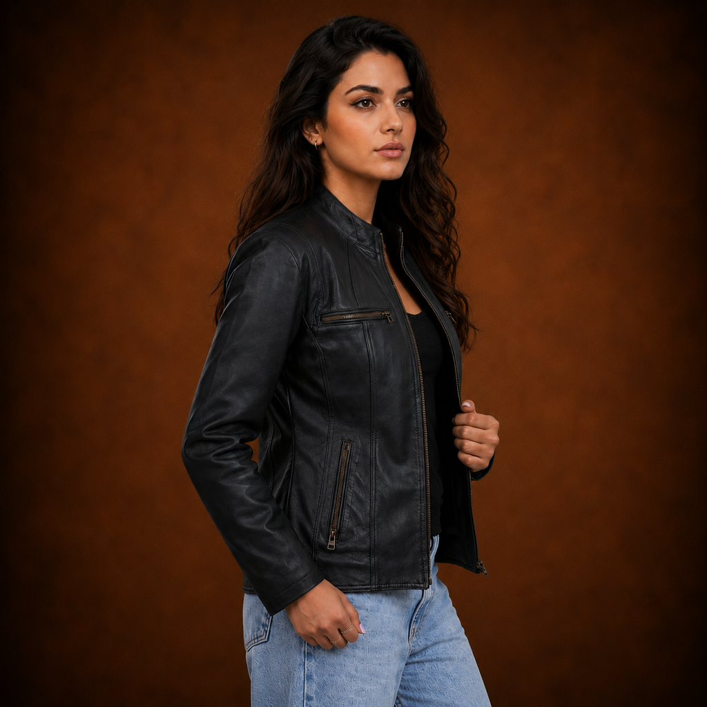 FINEHIDE SHADOW BLACK GENUINE LEATHER BIKER JACKET FOR WOMEN