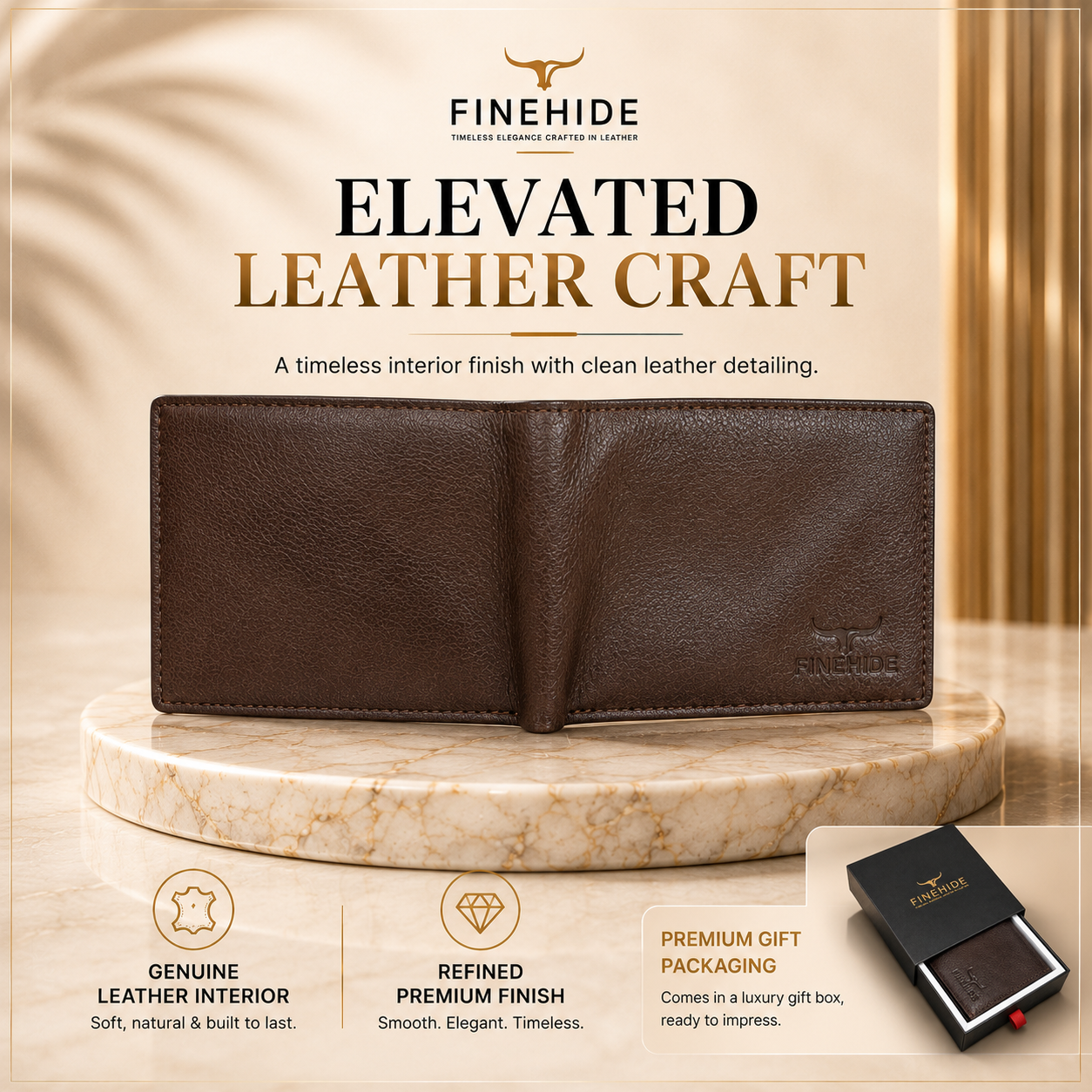 Finehide Classic Bifold Wallet for Men's Dark Brown Genuine Leather, Premium Gift Box
