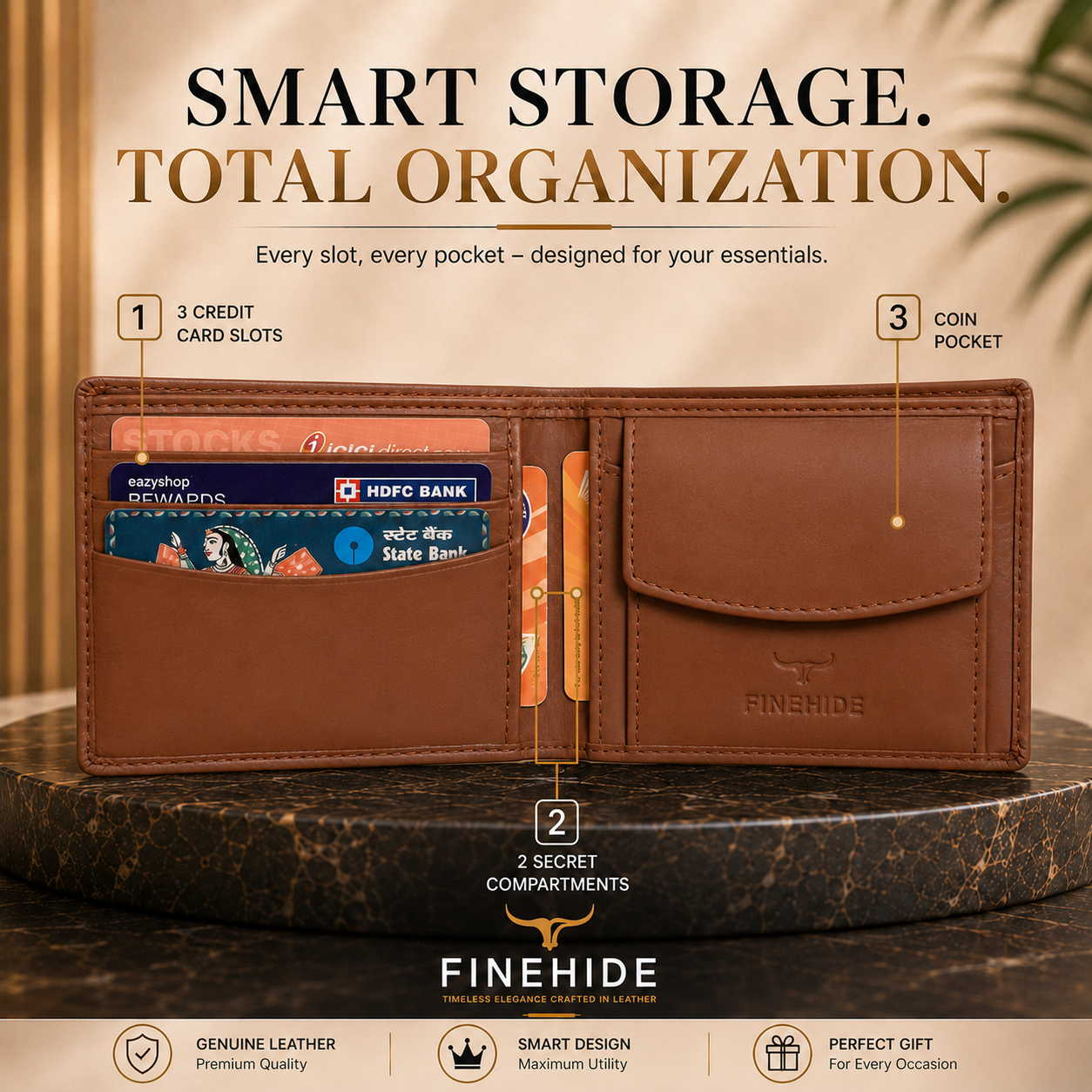 Finehide Slim Bifold Wallet for Men's Cognac Leather,  Gift Box