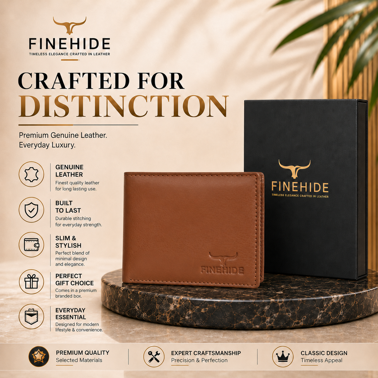 Finehide Slim Bifold Wallet for Men's Cognac Leather,  Gift Box
