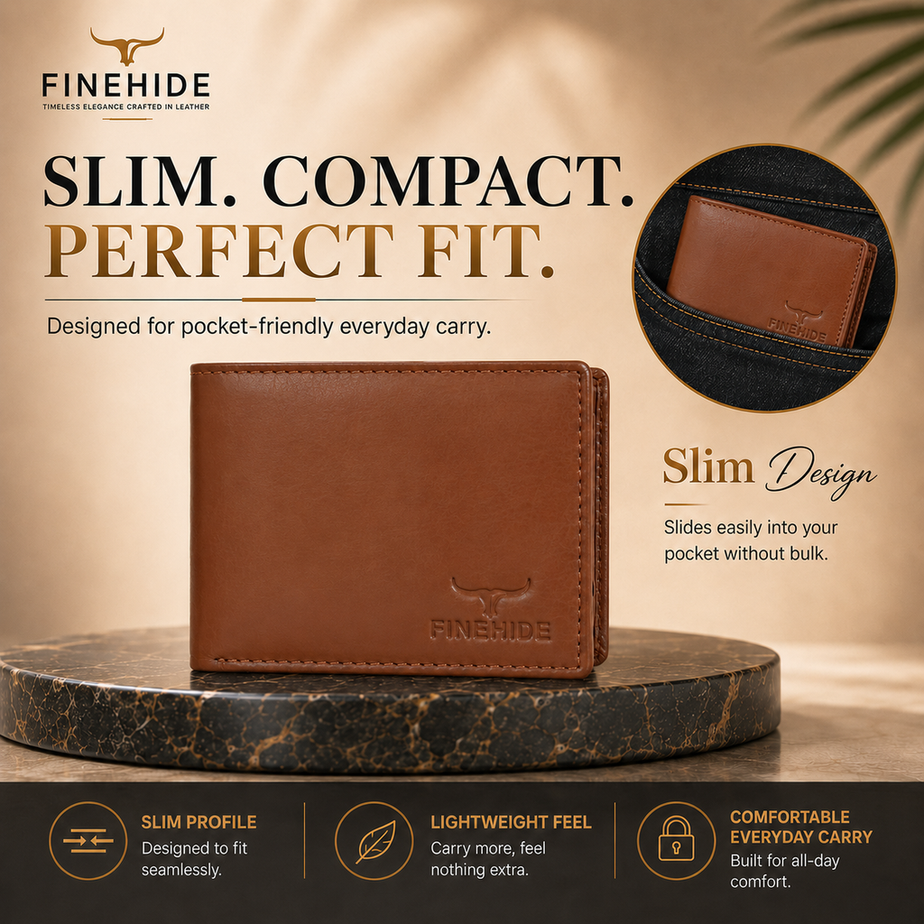 Finehide Slim Bifold Wallet for Men's Cognac Leather,  Gift Box