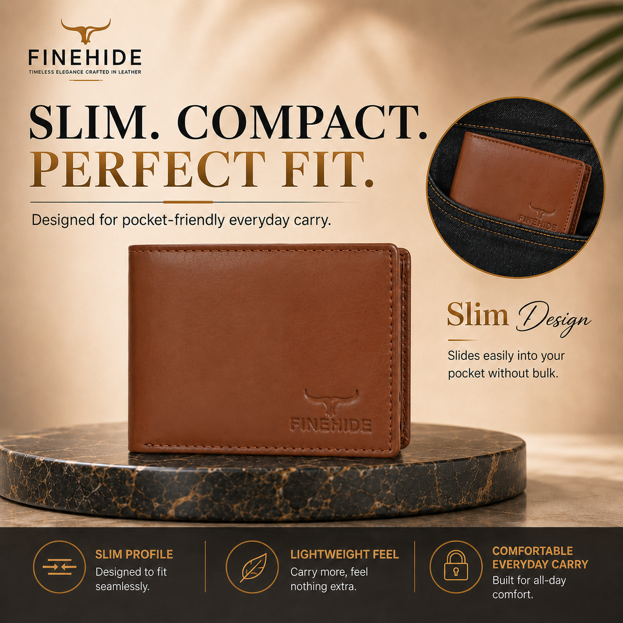 Finehide Slim Bifold Wallet for Men's Cognac Leather,  Gift Box