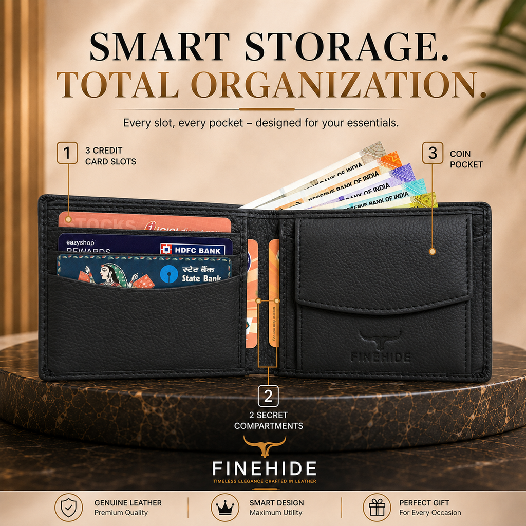 Finehide Classic Bifold Wallet for Men's Black Genuine Leather,  Premium Gift Box
