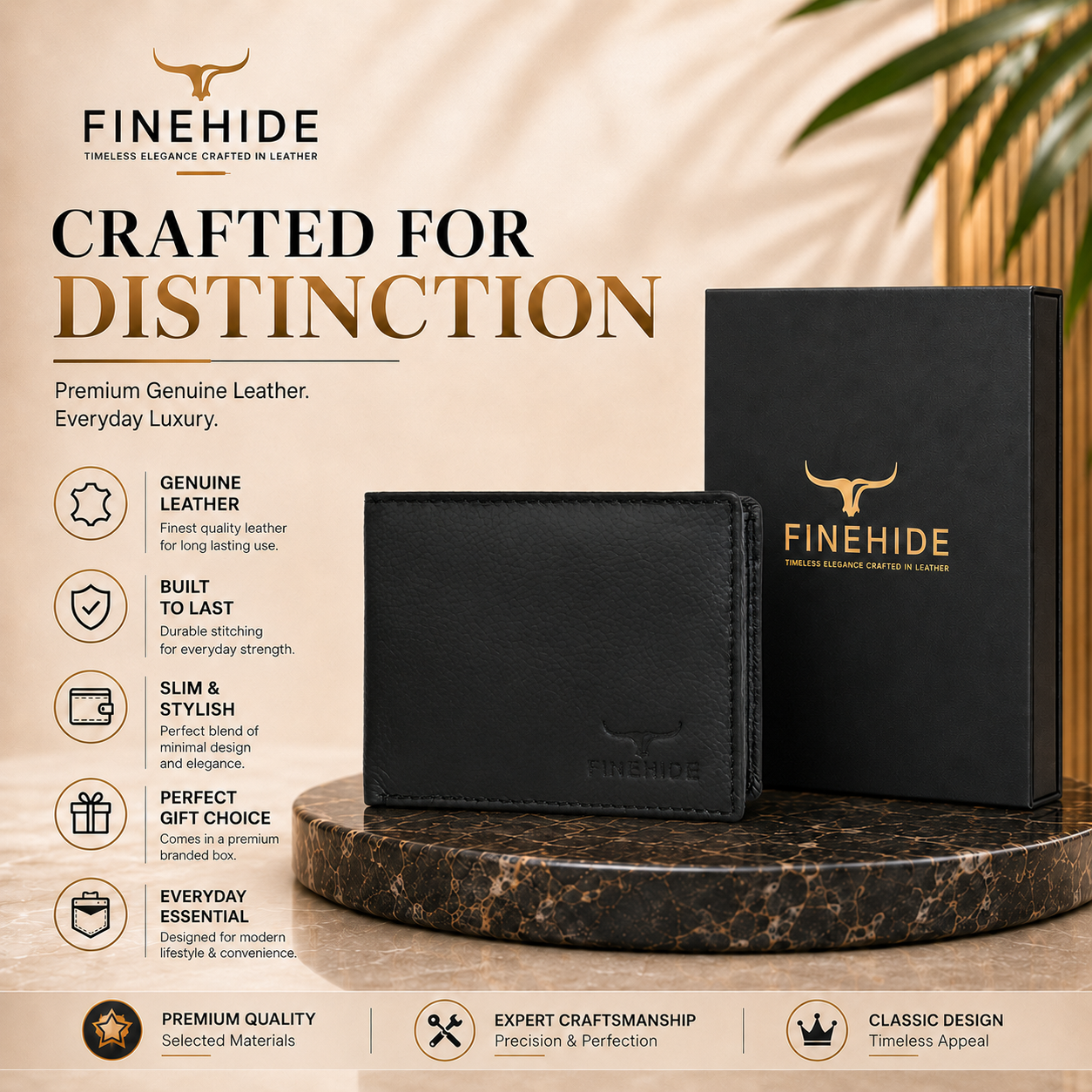 Finehide Classic Bifold Wallet for Men's Black Genuine Leather,  Premium Gift Box