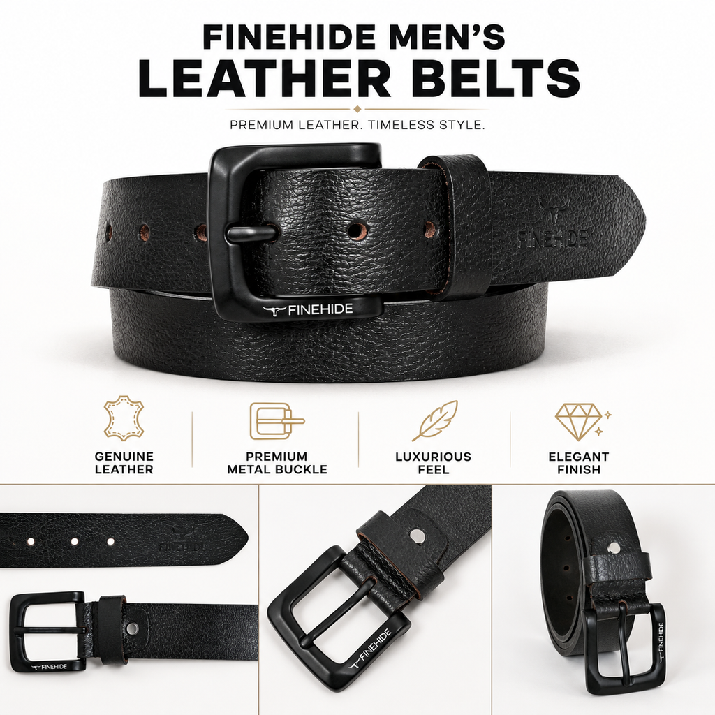FINEHIDE Genuine Leather Belt for Men Premium Black Leather Casual & Formal Belt with Matte Metal Buckle