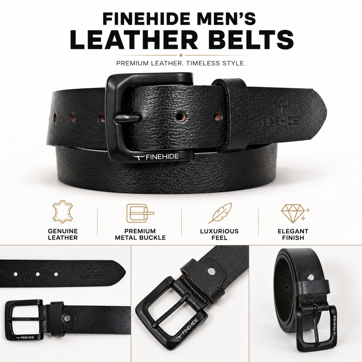 FINEHIDE Genuine Leather Belt for Men Premium Black Leather Casual & Formal Belt with Matte Metal Buckle