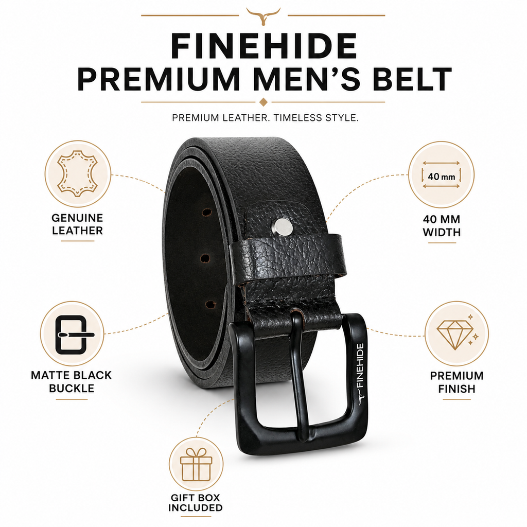 FINEHIDE Genuine Leather Belt for Men Premium Black Leather Casual & Formal Belt with Matte Metal Buckle
